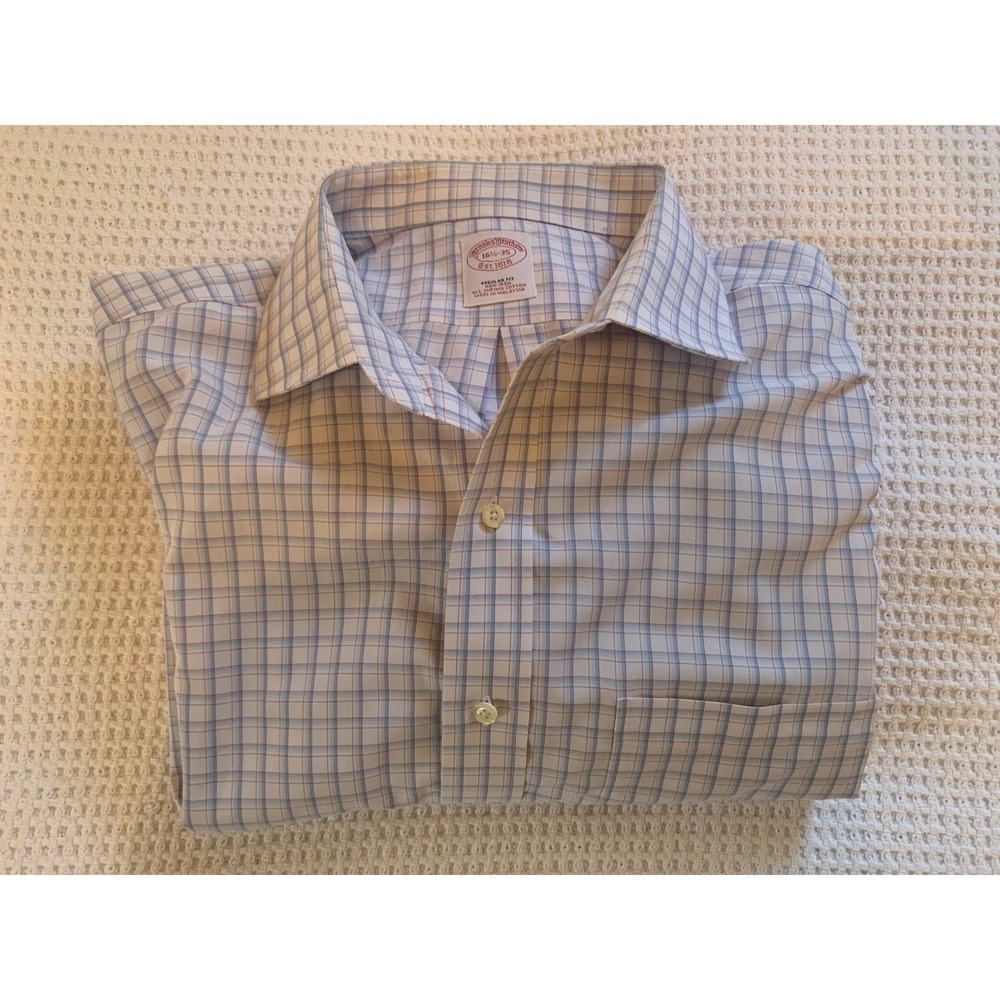 Brooks Brothers Dress Shirt Mens 16 1/2 35 Iron‎ Iron Bule White Regular Fit